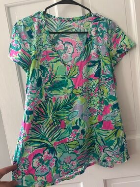 Lilly Pulitzer Bright Pink & Green Floral Scoop Neck Tunic